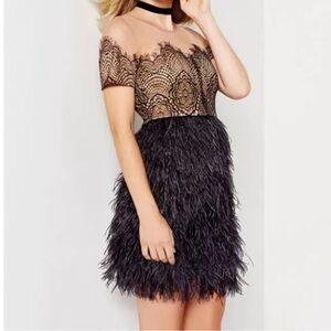 SUGARLIPS Blush Mesh Bodice with Black Lace Overlay  short Feather dress.
